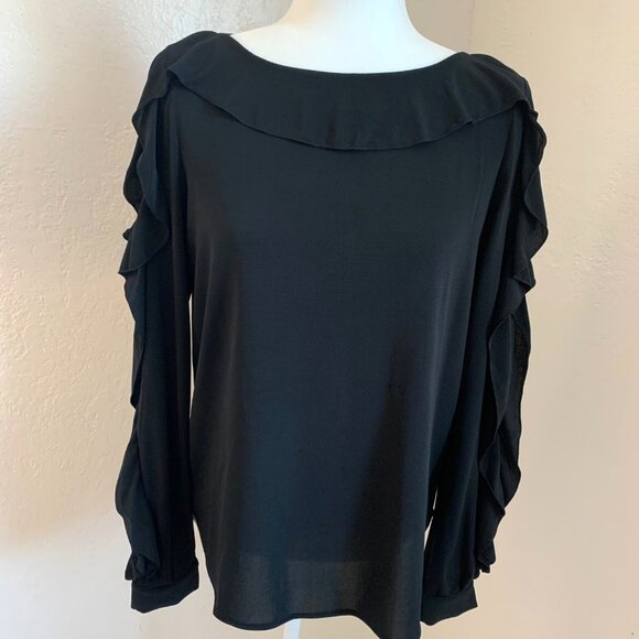 ANN TAYLOR Black Cold Shoulder Boatneck Ruffle Long-Sleeve Blouse Medium - Picture 7 of 7